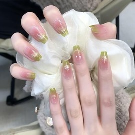 IMSOHOT Cat Eye Press on Nails Long Coffin French Glossy Fake Nails Green Ballerina False Nails Art Design Gel Glue on Nails for Women and Girls 24Pcs Reusable Acrylic Nail Kit