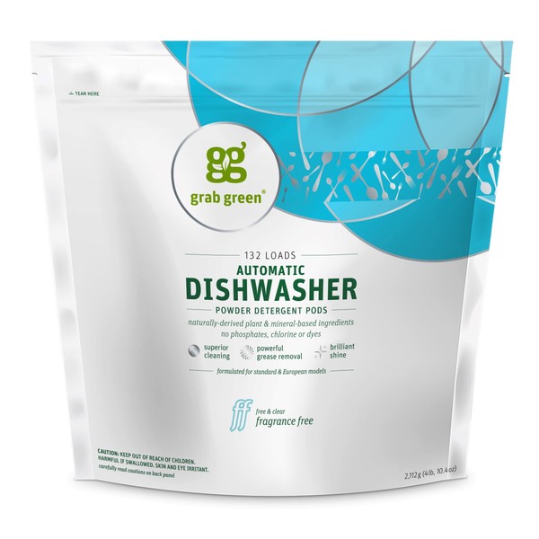 Grab Green Automatic Dishwashing Detergent Pods, 132 Count, Fragrance Free, Plant and Mineral Based, Superior Cleaning, Powerful Grease Removal, Brilliant Shine