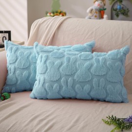 DFXSZ Easter Pillow Covers 12x20 inch Set of 2 Easter Decoration Blue Rabbit Soft Plush Faux Fur Jacquard Throw Pillows for Bedroom Sofa Holiday Festivals Home Decor FHJ-010D12