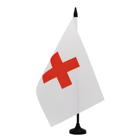 AZ FLAG - White Table Flag for Car with Fixed Red Cross 21 x 14 cm - Small Flag for Office Commissioner 100% Polyester with 25 cm Flag Pole and Black Plastic Base