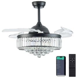 DuMaiWay 42" Dimmable Fandelier Crystal Ceiling Fans with Lights and Remote, Retractable Blades Chandelier Ceiling Fan for Living Room, Bedroom, Dining Room-Black