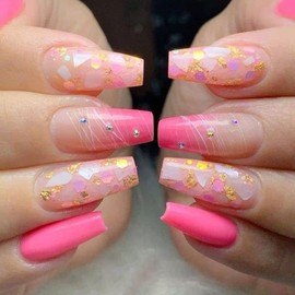 DOUBNINE Press On False Nails Medium Coffin Rhinestone Pink Ombre Gradient Gold Glitter Fake Nails Acrylic Full Cover Bling Luxury False Nails for Women