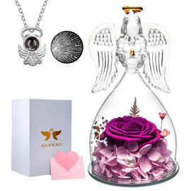 Preserved Flower Rose Gifts in Glass Angel Figurines with Necklace, Mothers Day Rose Gifts for Mom,Birthday Gifts for Women,Mom Gfits,Purple Real Rose Gifts for Grandma,Angel Rose Gifts for Her