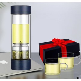 Toycol Portable Double Walled Glass Vacuum Tea Infuser Bottle Set with 2 Glass Tea Cups Leakproof Rotating Separation Anti-scalding Tea Tumbler with Infuser for Loose Tea 15.2OZ/450ML Black