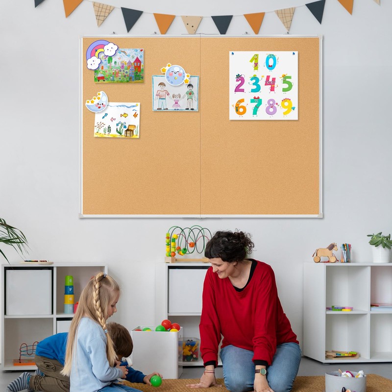 AMUSIGHT Double-Sided Large Cork Board, 48" x 36" Foldable Hanging