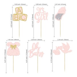 24 piezas de decoración para cupcakes de Oh Baby con texto en inglés "It's a Girl" con moño, vestido de botella, cisne, rosa claro, purpurina, baby shower, revelación de género, decoración para baby shower, niña, suministros de fiesta de cumpleaños