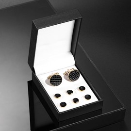 UJOY Cufflinks & Tuxedo Studs Set 1Pair Cufflinks & 3Pair Tuxedo Studs, Mens Jewelry Kit with Gi-ft Box - Black & Golden Cufflinks for Men Set, Fathe-rs Day Gif-t Accessory for Business, Birthday