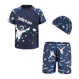 FedMois Toddlers Boys 3-Piece Swimming Suit Set Swimming Shirt Swimming Shorts Bath Hat, Astronaut