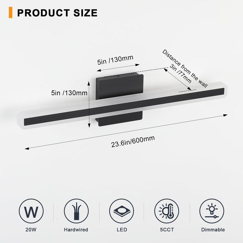 KELIDEN 24 inch Black Bathroom Light Fixture 5 Color Temperature