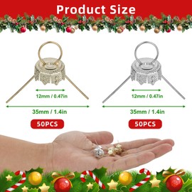 Cosmos 100 Pcs 2 Colors Round Christmas Ornament Caps, Christmas Ball Metal Hangers Caps Replacement Ornament Tops for Xmas Tree, Ceramic, Glass, DIY Decorations, Gold/Silver (Small, 12 mm)