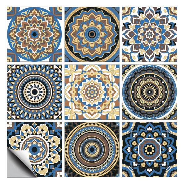 CHGCRAFT 18 Pcs 9 Style Tile Stickers Blue Brown Geometric