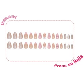 IMRAIN Medium Press on Nails Almond Pink Fake Nails Bow & Glitter Designs Glossy Glue Stick on Nails Full Cover Artificial Gel Cute Acrylic Nails Press ons 24Pcs Finger Manicure for Women Girls