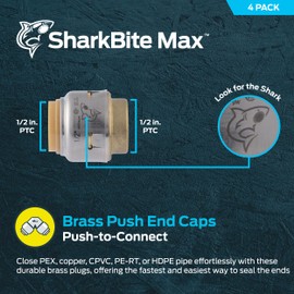 SharkBite Max 1/2 Inch Push Cap, Pack of 4, Push to Connect Brass Plumbing Fitting, PEX Pipe, Copper, CPVC, PE-RT, HDPE, UR514A4