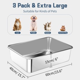 Bartuke Stainless Steel Cat Litter Box, 3 Pack 23.6" X 15.7" X 5.9" Metal High Sided Litter Pan, Extra Large Stainless Steel Box, Splash-Proof and Non-Stick Cat Poop Box odorless