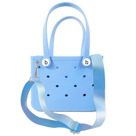 Small Rubber Tote Bag with Adjustable Strap, Small Beach Bag,Washable Tote Portable Travel Bag for Travel Gym Picnic Pool Outings, Lightweight, Durable(Light Blue)