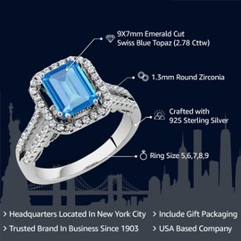 Gem Stone King 2.78 Cttw 925 Sterling Silver Swiss Blue Topaz Engagement Ring For Women | Gemstone Birthstone | Emerald Cut 9X7MM | Available In Size 5,6,7,8,9