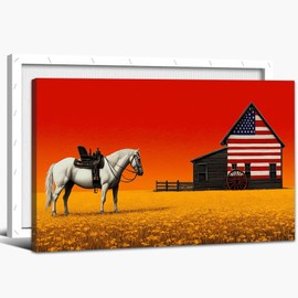 ANRUOXI American Flag Wall Art for Living Room, Rustic Retro Vintage American Flag & Farmhouse Horse and Barn Canvas Painting Prints, Classic USA Artwork Farmhouse Bedroom Office Decor 32x48 Inch