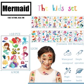Mermaid Temporary Tattoos for Girls,Kids,10 Sheets Kids Tattoos Waterproof Fake Tattoos Mermaid Cartoon Tattoo Stickers for Children's Stick on Tattoos Mermaid Theme Birthday Gift Party Bag Filler