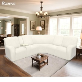 ROFASVCO Reclining Sectional Couch Covers L Shape Waterproof Washable Recliner Sofa Cover for L Shaped Sectional Super Stretch Soft Corner Recliner Slipcovers (5 Seater 1 Console Cover, Cream)