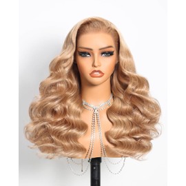Megalook hair 13x6 Body Wave Lace Front Wigs Human Hair Pre Plucked Milk Tea Ash Blonde Human Hair Wig 220% Density Upgrade Ear-to-Ear HD Frontal Glueless Drawstring Wig 20 Inch