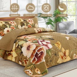 Drucon Brown Floral Quilt Set King Size 3 Pieces Brown Botanical Flower Quilt Coverlet Set Soft Microfiber Lightweight Quilted Bedspread for All Season 104"x90"