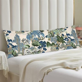 Chinoiserie Body Pillow Cover Asian Scenic Blue and Green Long Pillow Case Protector with Zipper Decorative Pillow Covers Soft Rectangle Bed Pillowcases for Bedroom,Couch,Sofa,Home Gifts 20"x54"