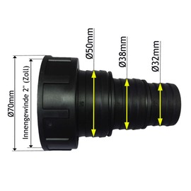 Set of 2: Stepped Hose Nozzle Diameter 32 / 38 / 50 mm with Union Nut and Gasket, 2 Inch Internal Thread, Includes 2 x Hose Clamp Diameter 40-60 mm (Stainless Steel)