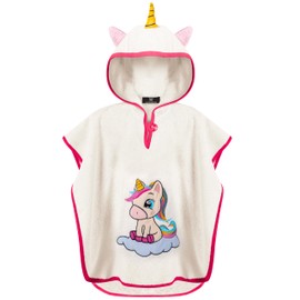 LAYNENBURG Premium Bath Poncho Children with Hood - 100% Cotton - Oeko-Tex - Baby Boys Girls Towel Poncho Terry Cloth, Cream - Unicorn