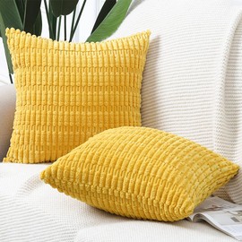Madizz Pack of 2 Boho Striped Corduroy Throw Pillow Covers 24x24 inch, 60x60 cm, Yellow Soft Decorative Cushion Cover for Sofa Bedroom Pillow Shell