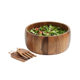 Acacia Wood 10” Salad Serving Bowl with Salad Hands 3 Piece Set by Woodard & Charles