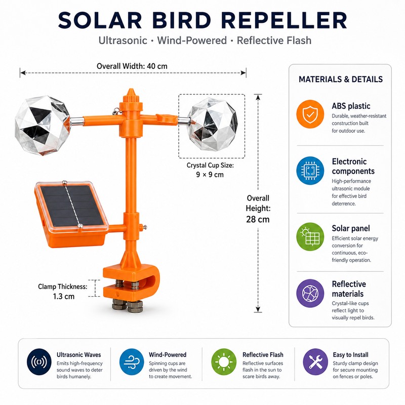 Solar Bird Repeller for Gardens – 3-in-1 Motion, Reflective Flash