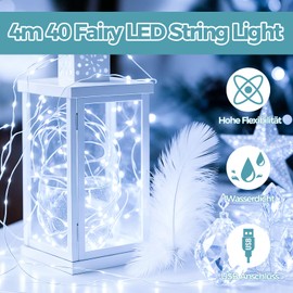 Catena di luci LED ALEGRE con USB, 4M 40 LED, filo di rame con spina, catena di luci impermeabile bianca fredda per interni ed esterni, luci LED per decorazioni fai-da-te per matrimoni, Natale