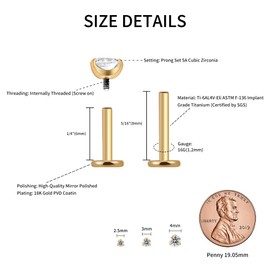 FINE4U Gold Cartilage Earring for Tragus Conch Helix Flat Labret 16G 6mm 8mm - ASTM F136 Titanium Flat back Stud, Implant Grade Screw on Piercing Stud Jewelry (3mm CZ)