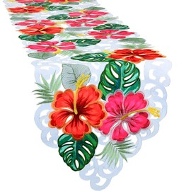 Simhomsen Embroidered Tropical Palm Leaves and Hibiscus Flower Table Runners for Hawaiian Luau Party, Paradise Jungle Beach Themed Party or Baby Shower Decorations (14 × 54 inches)