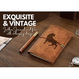 InnoBeta Leo Gifts, Leather Journal Notebook with Pen, Refillable Sketchbook, Travel Diary, Lined Planner, 7x5 Inches, Brown