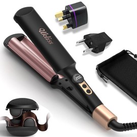 Mini Waver Hair Tool Travel Crimper for Women Short Hair 0.4 inch Small Double Barrel S Waver Curling Iron Dual Voltage (110-240V) with European Plug Adapter, 5 Temps, Anti-scalding, Auto-Off (Black)