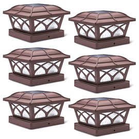 SIEDiNLAR Solar Post Cap Lights Outdoor Glass 2 Color Modes 8 LEDs for 4x4 5x5 6x6 Posts Deck Fence Patio Decoration Warm White & Cool White Lighting Brown (6 Pack)