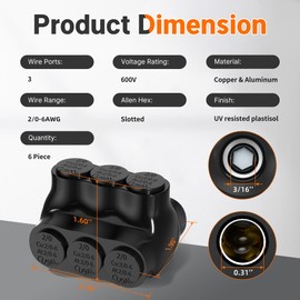 Joinfworld 3 Port Insulated Multi Tap Connector Dual Entry 2/0-6 AWG Aluminum to Copper Wire Connectors Aluminum Insulated Wire Splice Connectors with Slotted Allen Hex - 6 Pack