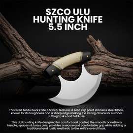 SZCO ULU Hunting Knife 5.5 Inch - Camping Knife with Alaskan Bone/Horn Handle, Stainless Steel Crescent Blade & Sheath - Pocket Knife for Hunting, Camping & Outdoor uses - Knives for Men