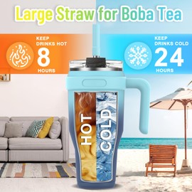 Zukro 40 oz Tumbler with Handle and Wide Straw, Double Wall Stainless Steel Insulated Cup with Screw on 2-in-1 Lid, 100% Leak Proof, Keeps Drinks Cold 24 Hours, Dishwasher Safe - Bluewave