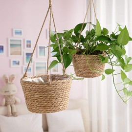 Greensen Maceta Colgante de Paja con Cuerda de Yute, decoración Elegante para Plantas en Maceta, Hierbas y Plantas pequeñas en Interiores y Exteriores (Curry)