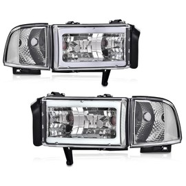 CHEDA Headlight LED Light Strip w/o Bulbs Compatible with Dodge Ram 1500 1994-2001/Dodge Ram 2500 3500 1994-2002 Clear Lens Chrome Housing Clear Refelector Headlamp Assembly Faros Conjunto De Faros