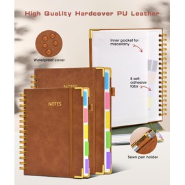 Hardcover Spiral Notebook journal with Removable Dividers Tabs, 300 Pages Leather 5 Subject Notebook College Ruled,A5 Notebooks for Work School Note taking,Lined Journal for Women,A5 Light Brown