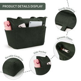 KALIDI Corduroy Tote Bag With Zip Large Tote Bag Cord Green Tote Bag For Women School Work College Uni