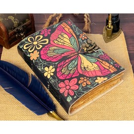 Butterfly Handmade Vintage Leather Journal Flower Embossed Office Notebook Handbook Writing Journal Diary Sketchbook Travel Journal for Men and Women 5 x 7 inches (Printed Butterfly)