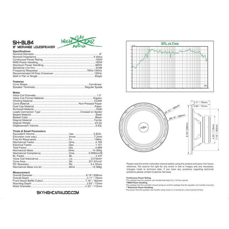 Sky High Car Audio SH-BL84 8" 4 ohm Midrange Loudspeaker