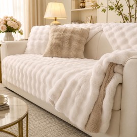 Faux Fur Couch Cover, Soft Plush Warm Sofa Cover, Thick Fuzzy Non Slip Sectional Sofa Slipcover, Cozy Furniture Protector for Dogs, Cats, Kids, L Shaped Couch and 3 Cushion Sofa(36"x82" White)