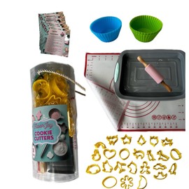 FlavorJoy Cookie Baking Cutter Set For Kids - 6 silicon cupcake forms, 24 Assorted Cookie Cutters, Rolling Pin, Silicone Baking Pan, Non-Stick Baking Mat, Fun Activity Gift for Boys and Girls, Age 4+