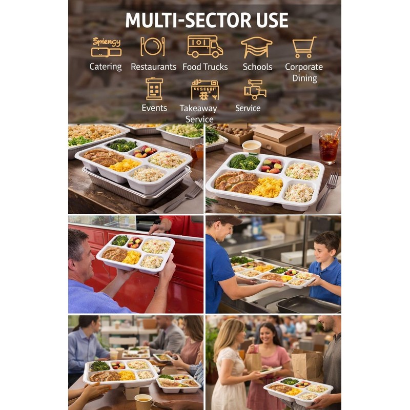 5-Compartment Bagasse Food Trays, 25 Pack, Compostable Sugarcane Fibre