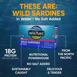 Wild Planet Wild Sardines in Water, No Salt Added, Tinned Fish, Non-GMO, Sustainable 4.4 Ounce , (Pack of 12)